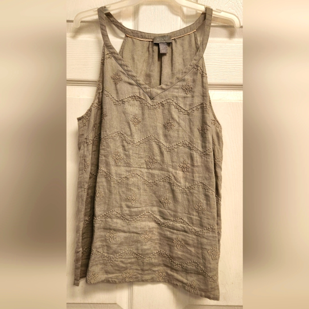 Linen Kenar Taupe Embroidered Tank Top